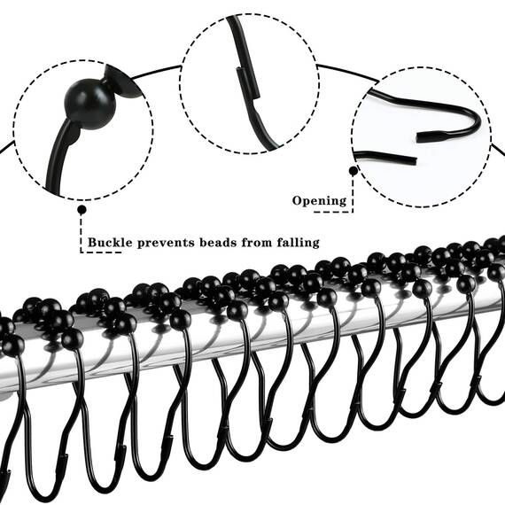 LIHAO Curtain Fastener, Set of 12 Stainless Steel Duschvorhangringe mit Gleitsystem, Black
