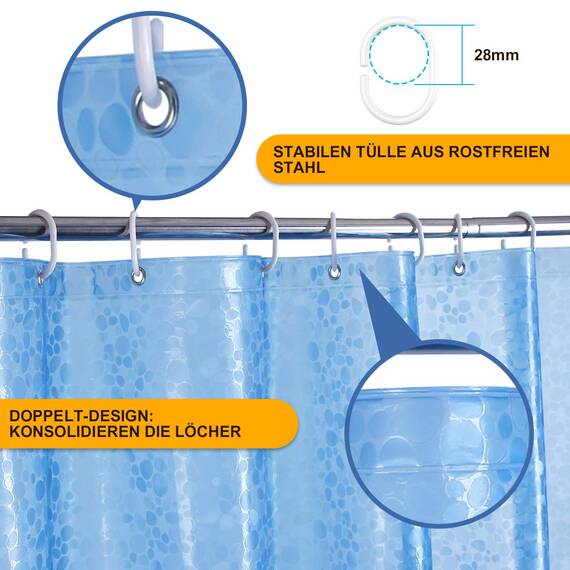 WELTRXE Duschvorhang Anti-Schimmel mit Gewicht Magnet unten, 0.2mm [183x200cm] Wasserdicht Antibakteriell Eva Vorhang für Dusche und Badewanne, 3D Steinmuster Blau, inkl. 12 Duschvorhangringen Kinder