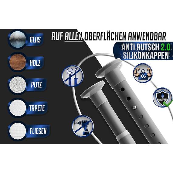 MEISENBERG Duschvorhangstange ohne Bohren 160-210cm, Grau, Ø 32 mm, Teleskop Gardinenstange Klemmen - Vorhangstange für Fenster, Dusche und Trennwand