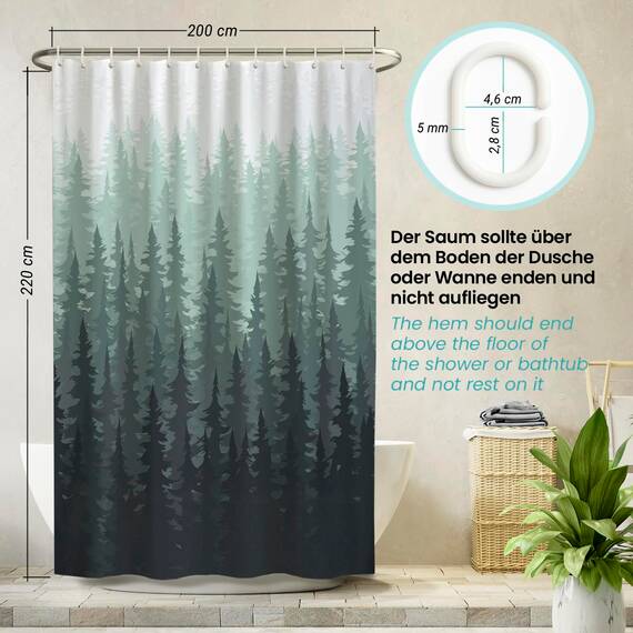 arteneur® - Tannenwald - Anti-Schimmel Duschvorhang 200x220 - Recycelt mit Öko-Tex Standard 100 - Beschwerter Saum, Blickdicht, Wasserdicht, Waschbar, 12 Ringe & E-Book