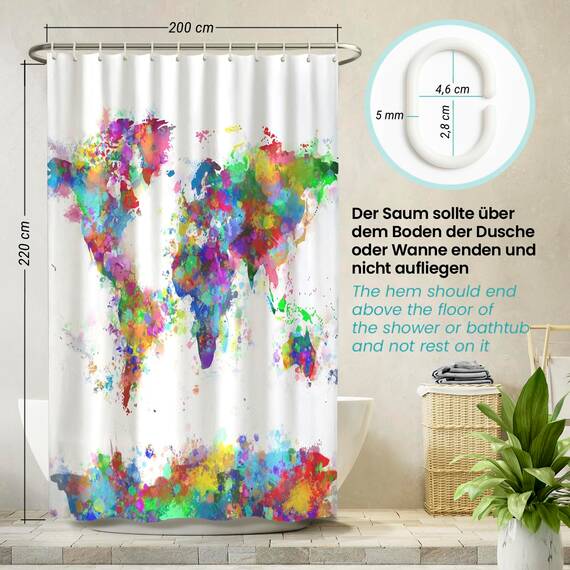 arteneur® - Weltkarte - Anti-Schimmel Duschvorhang 200x220 - Recycelt mit Öko-Tex Standard 100 - Beschwerter Saum, Blickdicht, Wasserdicht, Waschbar, 12 Ringe & E-Book
