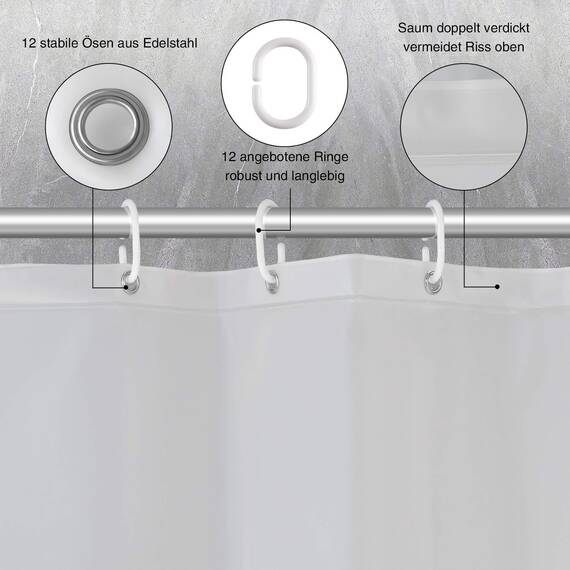 WELTRXE Duschvorhang mit Gewicht Magnet unten, Semitransparent Mattglasartig Eva Wasserdicht Vorhang für Dusche und Badewanne, 180x200cm Weiche Badevorhänge mit 12 Duschvorhangringen Kinde