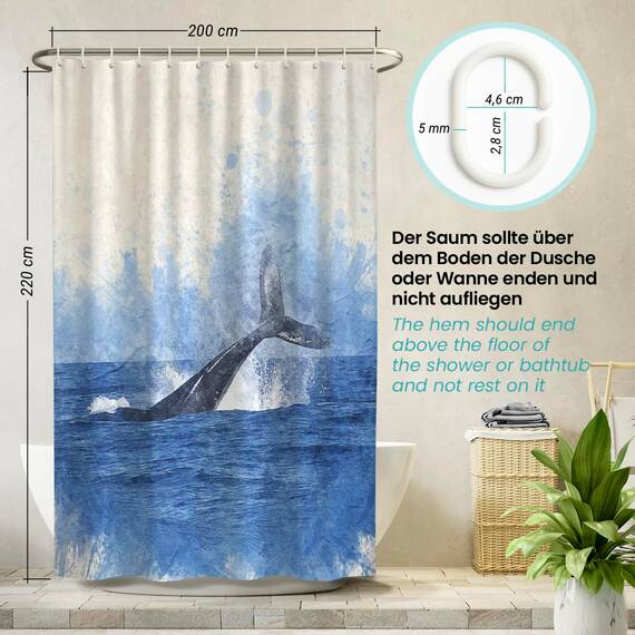 arteneur® - Wal Fisch - Anti-Schimmel Duschvorhang 200x220 - Recycelt mit Öko-Tex Standard 100 - Beschwerter Saum, Blickdicht, Wasserdicht, Waschbar, 12 Ringe & E-Book