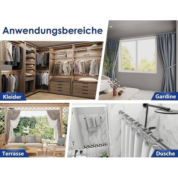 MEISENBERG Duschvorhangstange ohne Bohren 160-210cm, Silber, Ø 32 mm, Teleskop Gardinenstange Klemmen - Vorhangstange für Dusche, Türöffnungen und Kleiderschrank