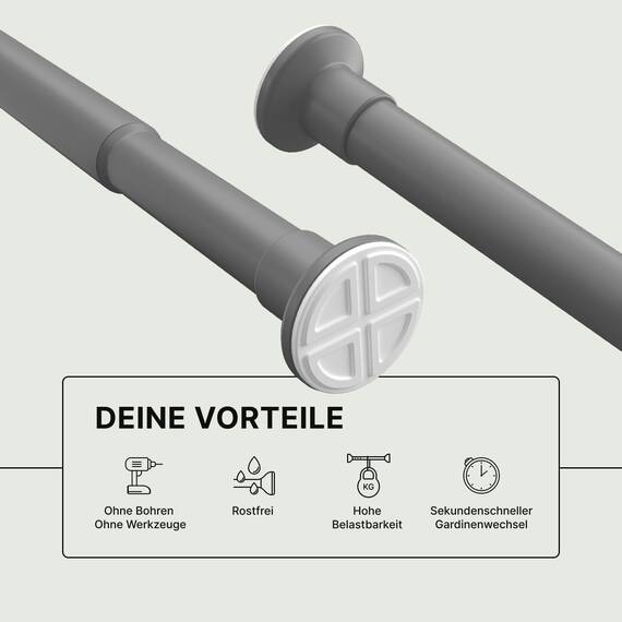 MEISENBERG Duschstange zum Klemmen - Grau, Ø 25 mm - Gardinenstange ohne Bohren - Teleskopstange Vorhang - Spannstange für Fenster, Dusche und Trennwand (70-120cm)