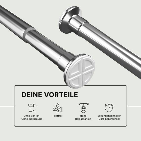 MEISENBERG Teleskopstange Vorhang - Silber, Ø 25 mm - Gardinenstange ohne Bohren - Duschstange zum Klemmen - Spannstange für Vorhänge, Dusche, Türöffnungen und Kleiderschrank (70-120cm)