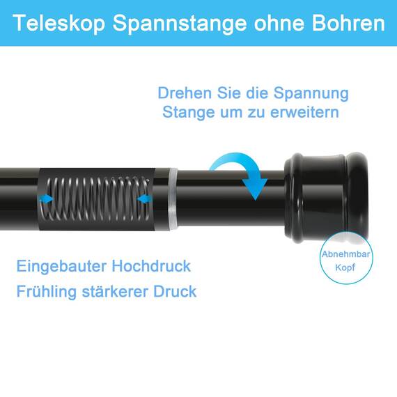 Duschstange ohne Bohren Extra Länge Gardinenstange Ausziehbar Teleskopstange Vorhang Duschvorhangstange für Badezimmer,Schlafzimmer Weiß(85-220CM Φ32mm)