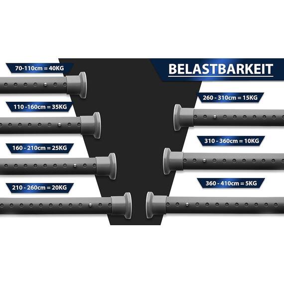 MEISENBERG Multifunktionale Spannstange ohne Bohren 260-310cm, Grau, Ø 32 mm, Duschstange zum Klemmen für Fenster, Dusche, Terrasse und Trennwand