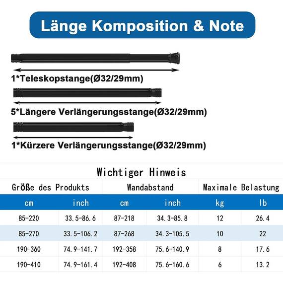 Duschstange ohne Bohren Extra Länge Gardinenstange Ausziehbar Teleskopstange Vorhang Duschvorhangstange für Badezimmer,Schlafzimmer Silber(85-270CM Φ32mm)