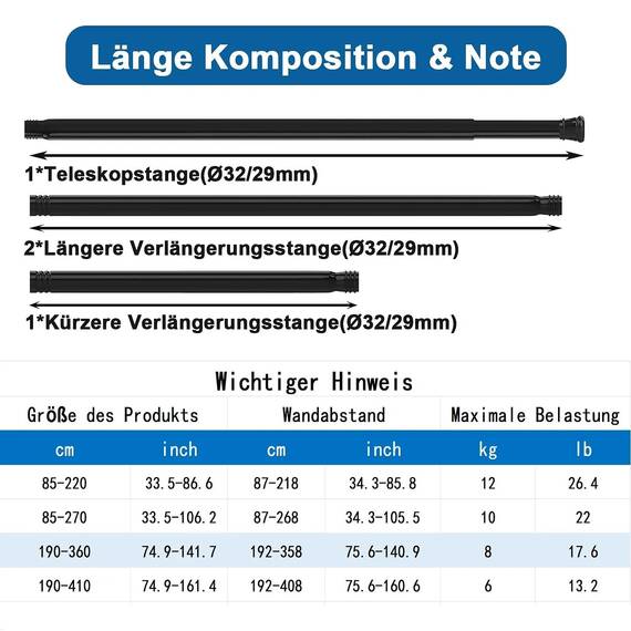 Teleskopstange Ausziehbar Gardinenstange zum Klemmen Duschvorhangstange ohne Bohren Extra Länge Teleskopstange Vorhang für Badezimmer,Schlafzimmer Weiß(190-360CM Φ32mm)