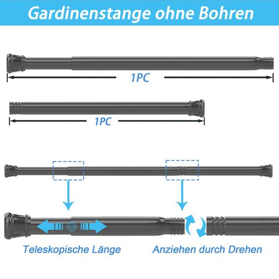 1Stück Duschstange Ohne Bohren Duschvorhangstange Teleskopstange für Schränke, Badezimmer, Kleiderschrank Weiß(135-200CM Φ25mm)