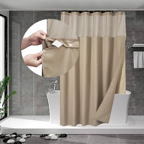 N&Y HOME Set aus Waffelgewebe-Duschvorhang mit einknöpfbarem Innenfutter und 12 Haken, Hotel-Stil, wasserabweisend und waschbar, Netzfenster Oben, 180,3 x 182,8 cm, Leinenbeige