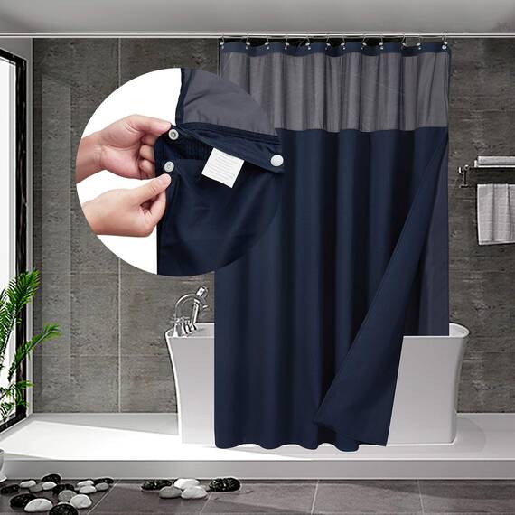 N&Y HOME Set aus Waffelgewebe-Duschvorhang extralang mit einknöpfbarem Innenfutter und 12 Haken, Hotel-Stil, Netzfenster Oben, maschinenwaschbar und wasserabweisend, 180,3 x 213,4 cm, Marineblau