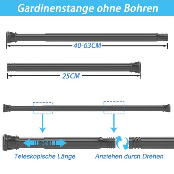 1Stück Gardinenstange Ohne Bohren Duschstange Ausziehbare Kleiderstange für Fenster, Kleiderschrank, Badezimmer 66-90CM Weiß(Durchmesser 25mm)