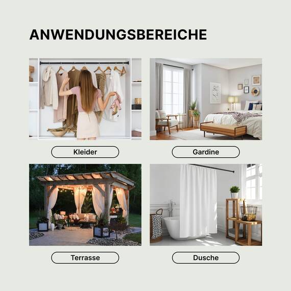 Gardinenstange zum Klemmen - Matt Schwarz, Ø 25 mm - Vorhangstange ohne Bohren - Klemmstange für Gardinen, Bäder und Balkon (50-80cm)