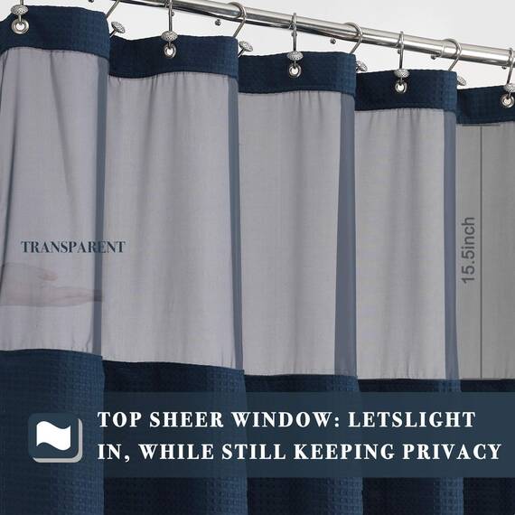 N&Y HOME Set aus Waffelgewebe-Duschvorhang mit einknöpfbarem Innenfutter und Metallhaken, Hotel-Stil, Netzfenster Oben, wasserabweisend, waschbar, 180,3 x 182,8 cm, Marineblau