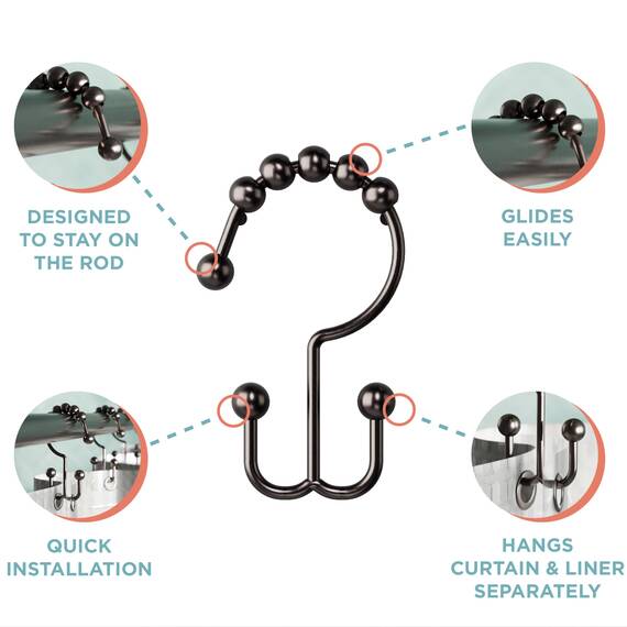 Zenna Home Metall-Doppelgleit-Duschringe Ölschliff-Bronze - Set mit 12 robusten, rostbeständigen Duschringen mit sanftem Gleiten für Duschvorhänge und Liner