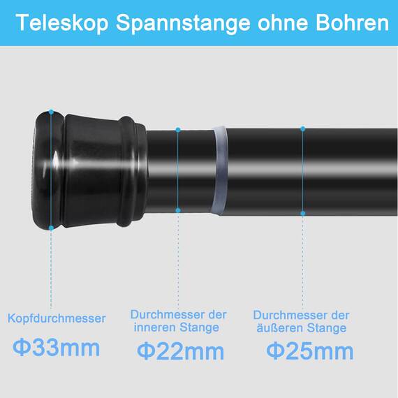 1Stück Duschvorhangstange Ohne Bohren Teleskopstange Kleiderstange Gardinenstange Klemmbar für Schränke, Fenster, Kleiderschrank 83-180CM Silber(Durchmesser 25mm)