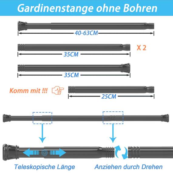 1Stück Duschvorhangstange Ohne Bohren Teleskopstange Kleiderstange Gardinenstange Klemmbar für Schränke, Fenster, Kleiderschrank 83-180CM Silber(Durchmesser 25mm)