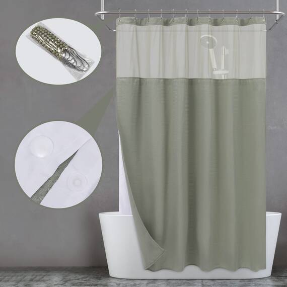 N&Y Home Set aus Waffelgewebe-Duschvorhang extralang mit einknöpfbarem Innenfutter und Haken, Hotel-Stil, Netzfenster Oben, maschinenwaschbar, 180,3 x 213,4 cm, Salbeigrün