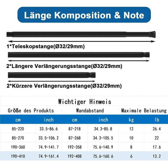 Gardinenstange 4m Extra Länge Duschstange ohne Bohren Duschvorhangstange Ausziehbar Teleskop Kleiderstange Teleskopstange für Badezimmer,Schlafzimmer Weiß(190-410CM Φ32mm)