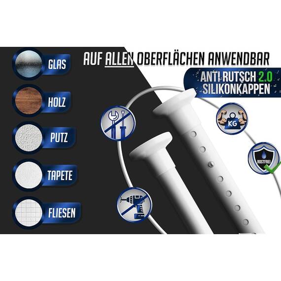 MEISENBERG Duschvorhangstange ohne Bohren 160-210cm, Weiß, Ø 32 mm, Gardinenstange Klemmen - Klemmvorhangstange für Fenster, Raumteiler und Küche
