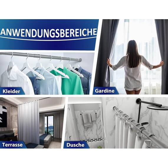 MEISENBERG Gardinenstange ohne Bohren 360-410cm, Grau, Ø 32 mm, Teleskopstange Balkon - Vorhangstange Klemmstange für Vorhänge, Dusche, Türöffnungen und Kleiderschrank