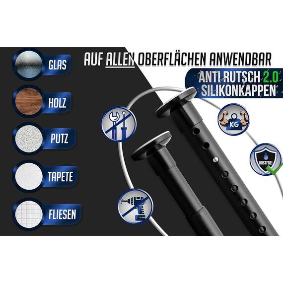 MEISENBERG Gardinenstange ohne Bohren 360-410cm, Matt Schwarz, Ø 32 mm, Teleskopstange zum Klemmen - Vorhangstange Klemmstange für Fenster, Dusche, Terrasse und Trennwand