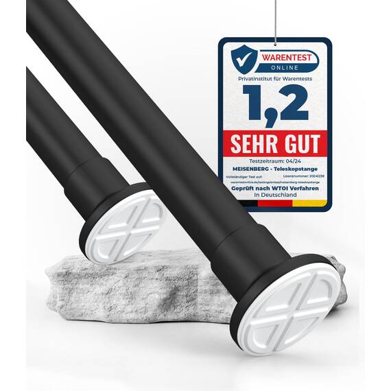 MEISENBERG Klemmstange für Gardinen 90-160cm, Schwarz, Ø 25 mm, Duschvorhangstange ohne Bohren - Vorhangstange zum Klemmen für Fenster, Raumteiler und Küche