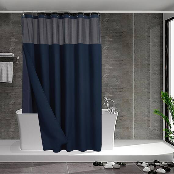 N&Y HOME Set aus Waffelgewebe-Duschvorhang extralang mit einknöpfbarem Innenfutter und 12 Haken, Hotel-Stil, Netzfenster Oben, maschinenwaschbar und wasserabweisend, 180,3 x 213,4 cm, Marineblau