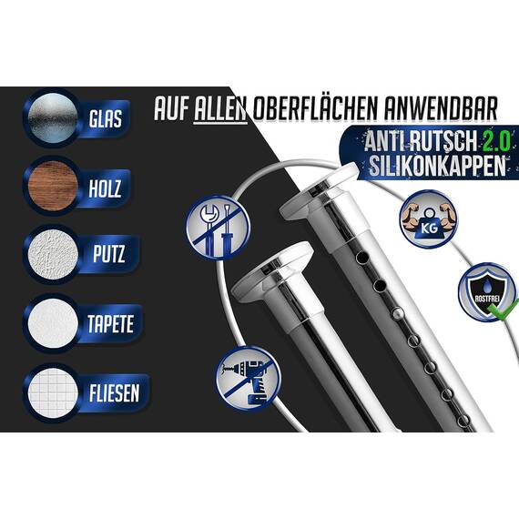 MEISENBERG Duschstange ohne Bohren 310-360cm, Silber, Ø 32 mm, Teleskopstange zum Klemmen - Teleskop Gardinenstange für Vorhänge, Dusche, Türöffnungen und Kleiderschrank