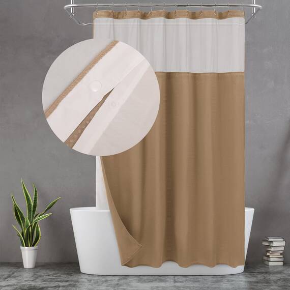 N&Y HOME Duschvorhang mit Waffelmuster, Stoffeinsatz zum Einrasten und 12 Metallhaken, Hotel-Stil, wasserdicht und waschbar, Schwerer Stoff und Netzfenster Oben, 180 x 183 cm, Kaffeebraun