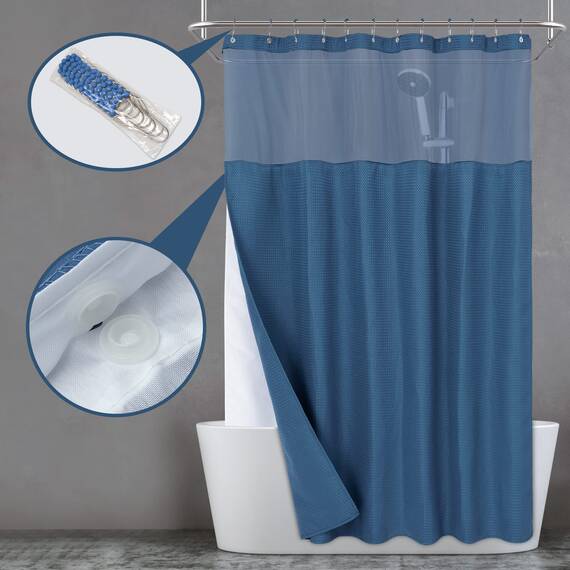 N&Y HOME Set aus Waffelgewebe-Duschvorhang mit einknöpfbarem Innenfutter und Haken, Hotel-Stil, wasserabweisend, waschbar, Schwerer Stoff, Netzfenster Oben, 180,3 x 182,8 cm, Blau (Moonlight Blue)