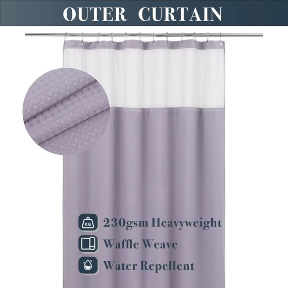 N&Y HOME Duschvorhang mit einrastbarem Stoffeinsatz und 12 Metallhaken-Set – Hotel-Stil, wasserdicht und waschbar, Schwerer Stoff und Netzfenster – 71 x 72 cm, Lavendel