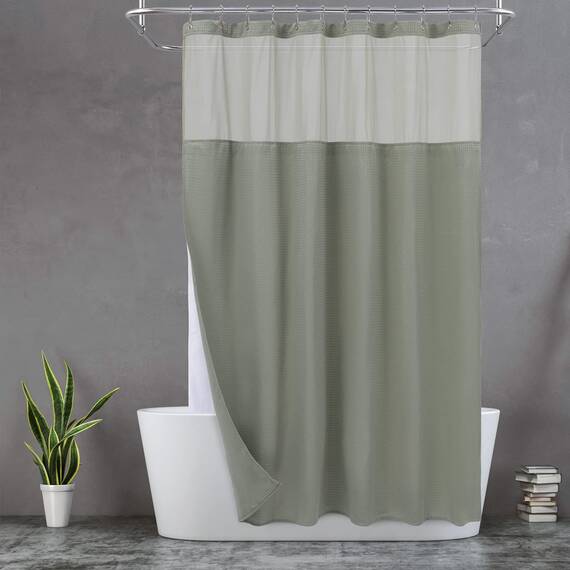N&Y HOME Set aus Waffelgewebe-Duschvorhang mit einknöpfbarem Innenfutter und Haken, Hotel-Stil, wasserfest, waschbar, Schwerer Stoff, Netzfenster Oben, 180,3 x 182,8 cm, Salbeigrün
