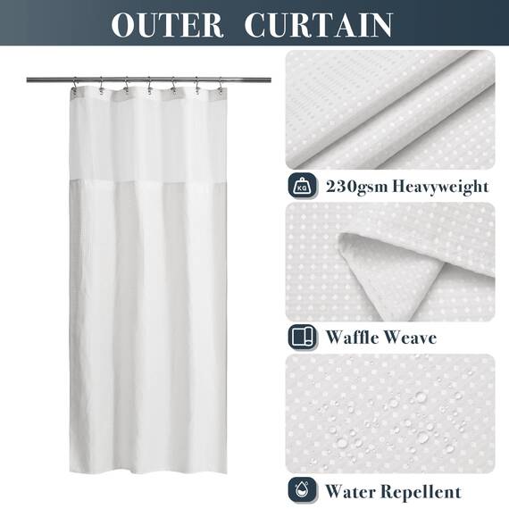 N&Y HOME Set aus Waffelgewebe-Duschvorhang mit einknöpfbarem Innenfutter und Haken, kleine Duschkabinen-Größe, Hotel-Stil, Netzfenster Oben, maschinenwaschbar, Weiß, 91,4 x 182,9 cm