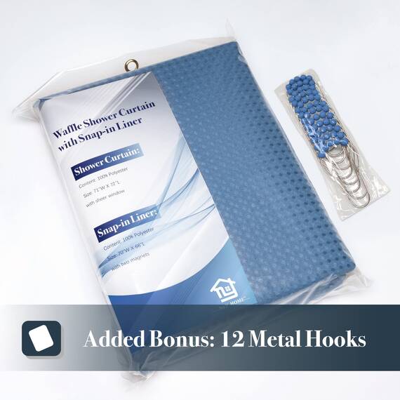 N&Y HOME Set aus Waffelgewebe-Duschvorhang mit einknöpfbarem Innenfutter und Haken, Hotel-Stil, wasserabweisend, waschbar, Schwerer Stoff, Netzfenster Oben, 180,3 x 182,8 cm, Blau (Moonlight Blue)