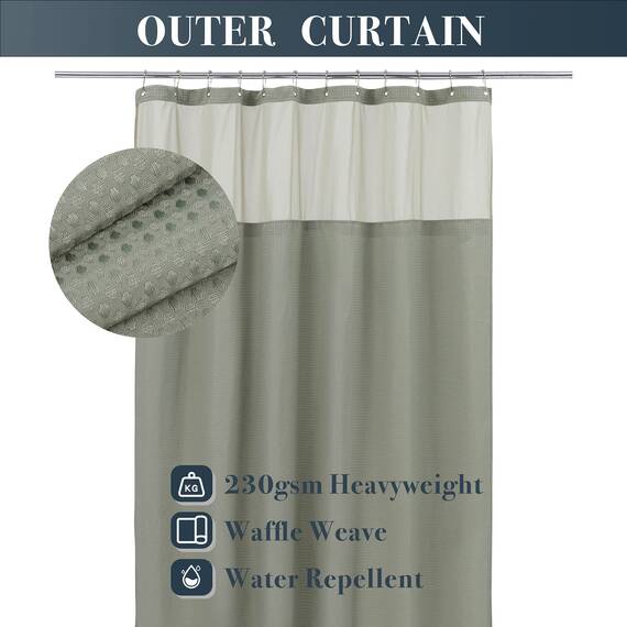 N&Y HOME Set aus Waffelgewebe-Duschvorhang mit einknöpfbarem Innenfutter und Haken, Hotel-Stil, wasserfest, waschbar, Schwerer Stoff, Netzfenster Oben, 180,3 x 182,8 cm, Salbeigrün