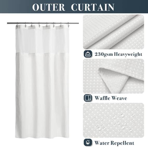 N&Y HOME Set aus Waffelgewebe-Duschvorhang mit einknöpfbarem Innenfutter und 12 Metallhaken, Duschkabinen-Größe, Hotel-Stil, Netzfenster Oben, maschinenwaschbar, Weiß, 121,9 x 182,9 cm