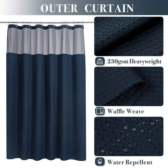 N&Y HOME Set aus Waffelgewebe-Duschvorhang mit einknöpfbarem Innenfutter und Metallhaken, Hotel-Stil, Netzfenster Oben, wasserabweisend, waschbar, 180,3 x 182,8 cm, Marineblau