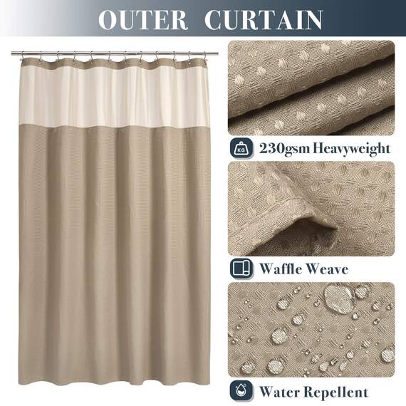 N&Y HOME Set aus Waffelgewebe-Duschvorhang mit einknöpfbarem Innenfutter und 12 Haken, Hotel-Stil, wasserabweisend und waschbar, Netzfenster Oben, 180,3 x 182,8 cm, Leinenbeige