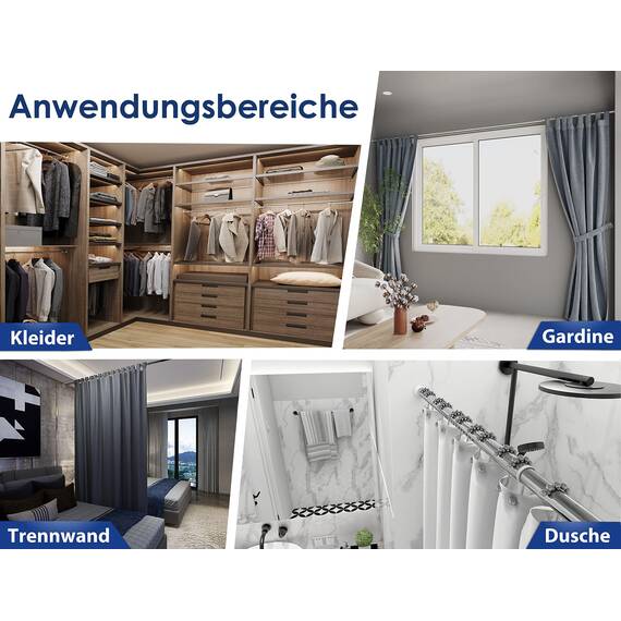 MEISENBERG Stange ohne Bohren 260-310cm, Silber, Ø 32 mm, Teleskopstange zum Klemmen - Multifunktionale Vorhangstange Klemmstange für Fenster, Raumteiler und Küche