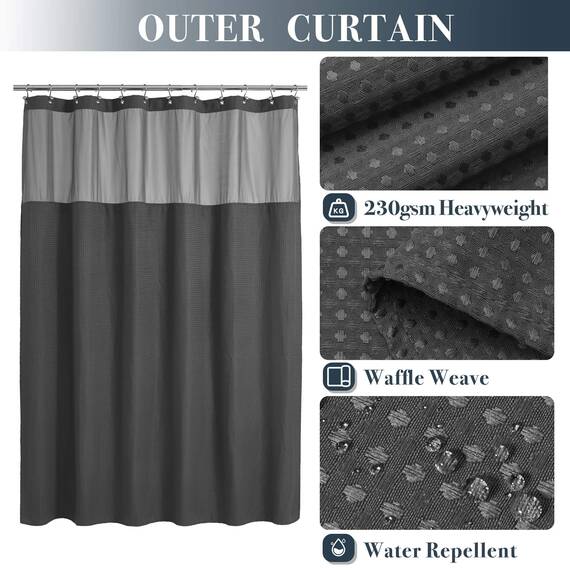 N&Y HOME Set aus Waffelgewebe-Duschvorhang extralang mit einknöpfbarem Innenfutter und 12 Haken, Hotel-Stil, Netzfenster Oben, maschinenwaschbar, 180,3 x 213,4 cm, Graphitgrau