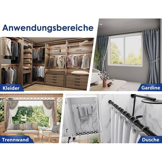 MEISENBERG Gardinenstange ohne Bohren 360-410cm, Matt Schwarz, Ø 32 mm, Teleskopstange zum Klemmen - Vorhangstange Klemmstange für Fenster, Dusche, Terrasse und Trennwand