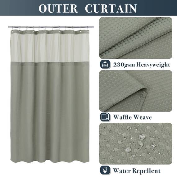 N&Y Home Set aus Waffelgewebe-Duschvorhang extralang mit einknöpfbarem Innenfutter und Haken, Hotel-Stil, Netzfenster Oben, maschinenwaschbar, 180,3 x 213,4 cm, Salbeigrün