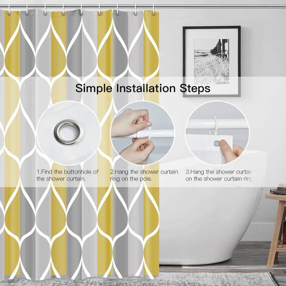 Gelbchu Duschvorhang-Set für Badezimmer, maschinenwaschbar mit 12 Haken, 72 x 72 cm, wasserdichtes Design und Polyester, schnell trocknend, beschwerter Saum, Grau / Gelb