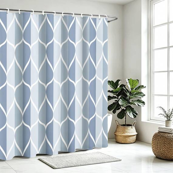 Gelbchu Hellblauer geometrischer Duschvorhang, wasserdichtes Design und Polyester, schnell trocknend, blauer Stoff Duschvorhänge Set für Badezimmer 72x72, langlebig und waschbar mit 12 Haken