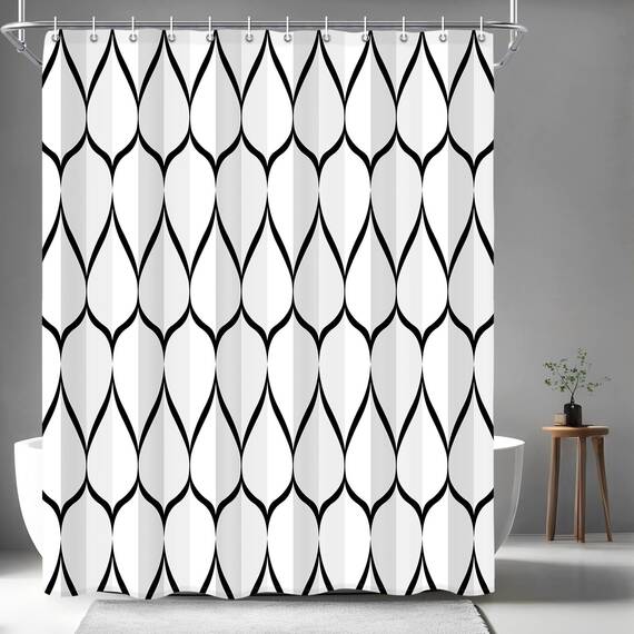 Gelbchu Duschvorhang, 183 x 183 cm, wasserdichtes Design und Polyester, schnell trocknend, strapazierfähig, Duschvorhänge-Set für Badezimmer, maschinenwaschbar mit 12 Kunststoffhaken, Weiß / Schwarz