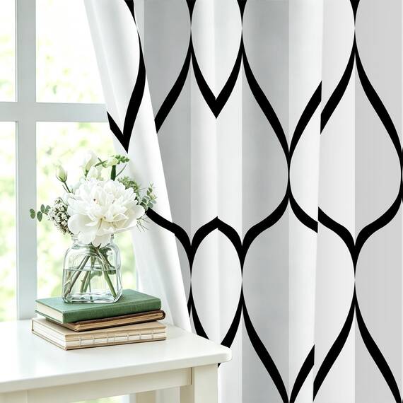Gelbchu Duschvorhang, 183 x 183 cm, wasserdichtes Design und Polyester, schnell trocknend, strapazierfähig, Duschvorhänge-Set für Badezimmer, maschinenwaschbar mit 12 Kunststoffhaken, Weiß / Schwarz