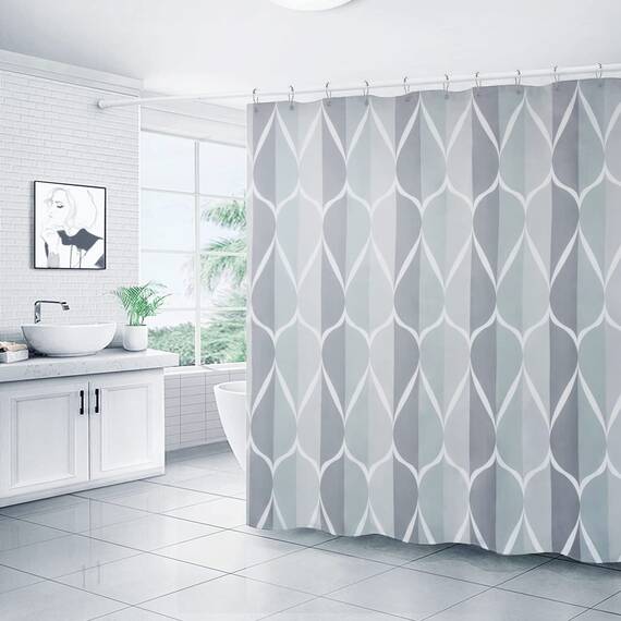Gelbchu Duschvorhang-Set aus grauem Stoff, geometrisches Muster, B 108 x H 72, wasserdichtes Design und Polyester, schnell trocknend, beschwerter Saum, langlebig und waschbar, mit 12 Haken
